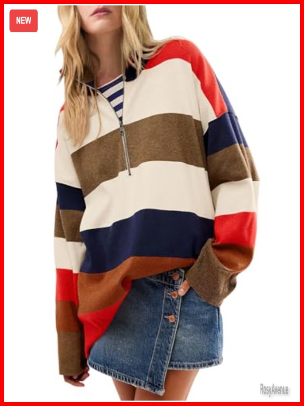 Yousify Womens Striped Oversized Half Zip V Neck Sweater Pullover